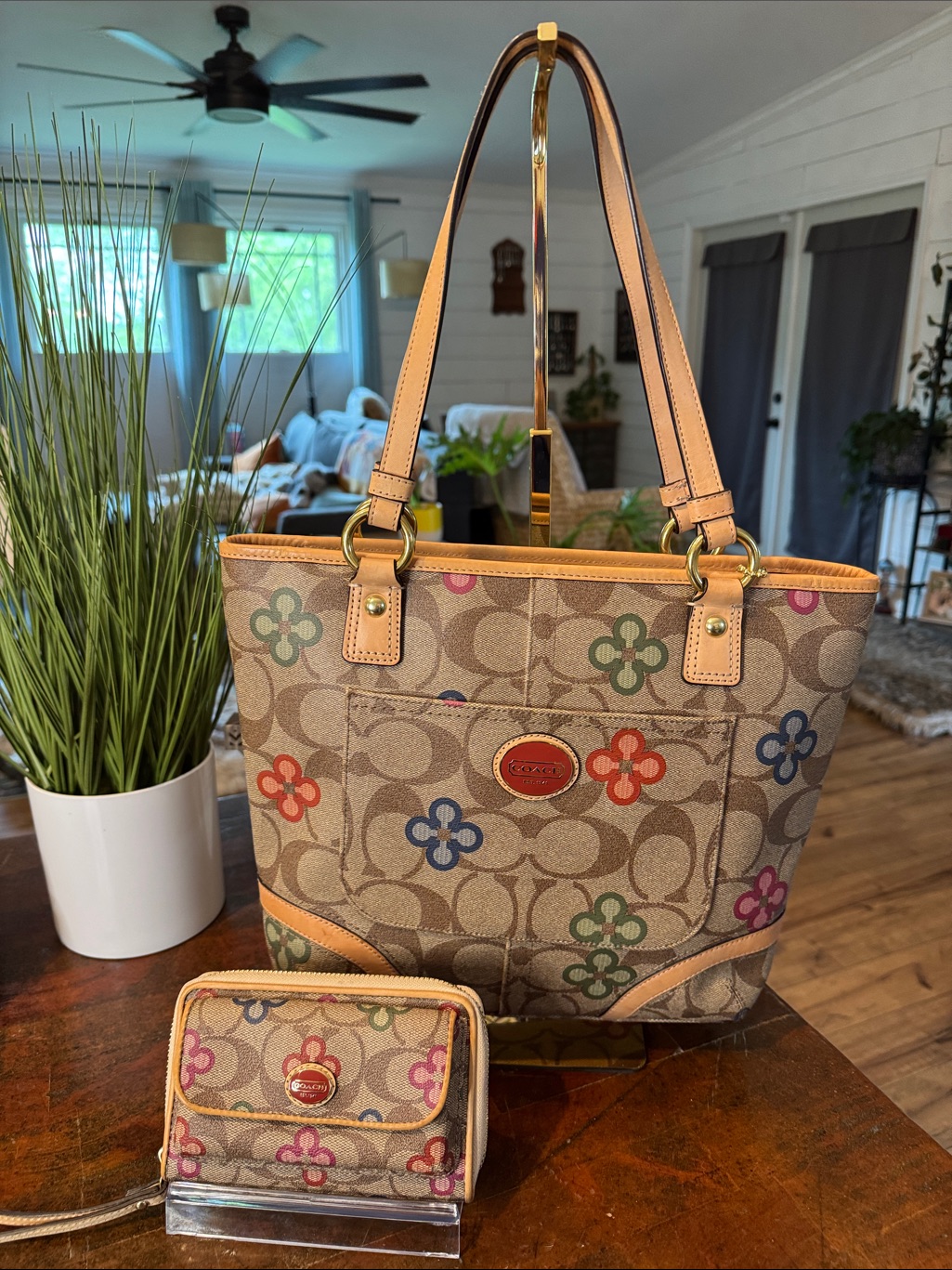 Coach Peyton Multicolor Floral Signature Canvas Tote With Tan Leather Trim